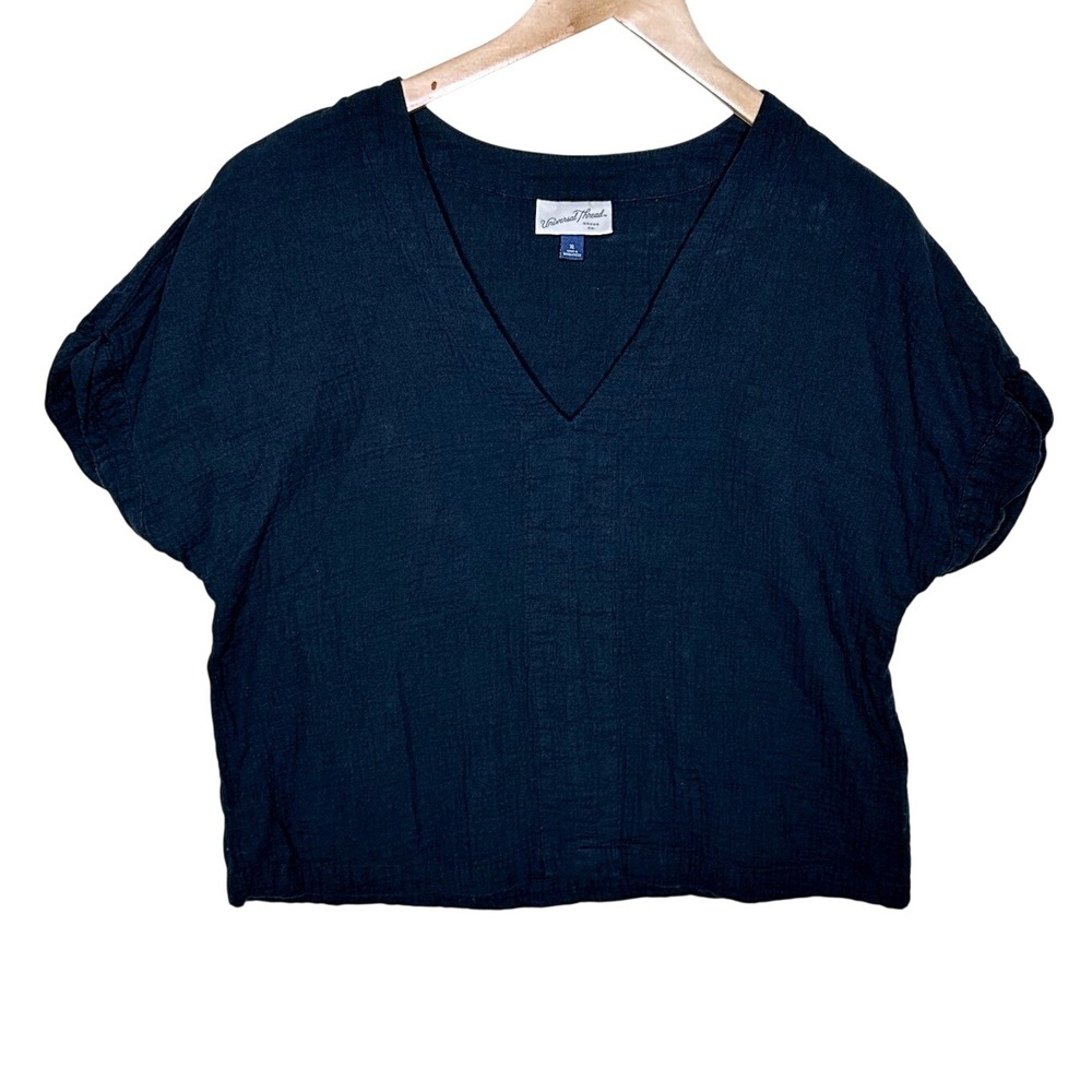 Universal Thread Women's Gauze V-neck Boxy Short Sleeve Crop Top size XL Black